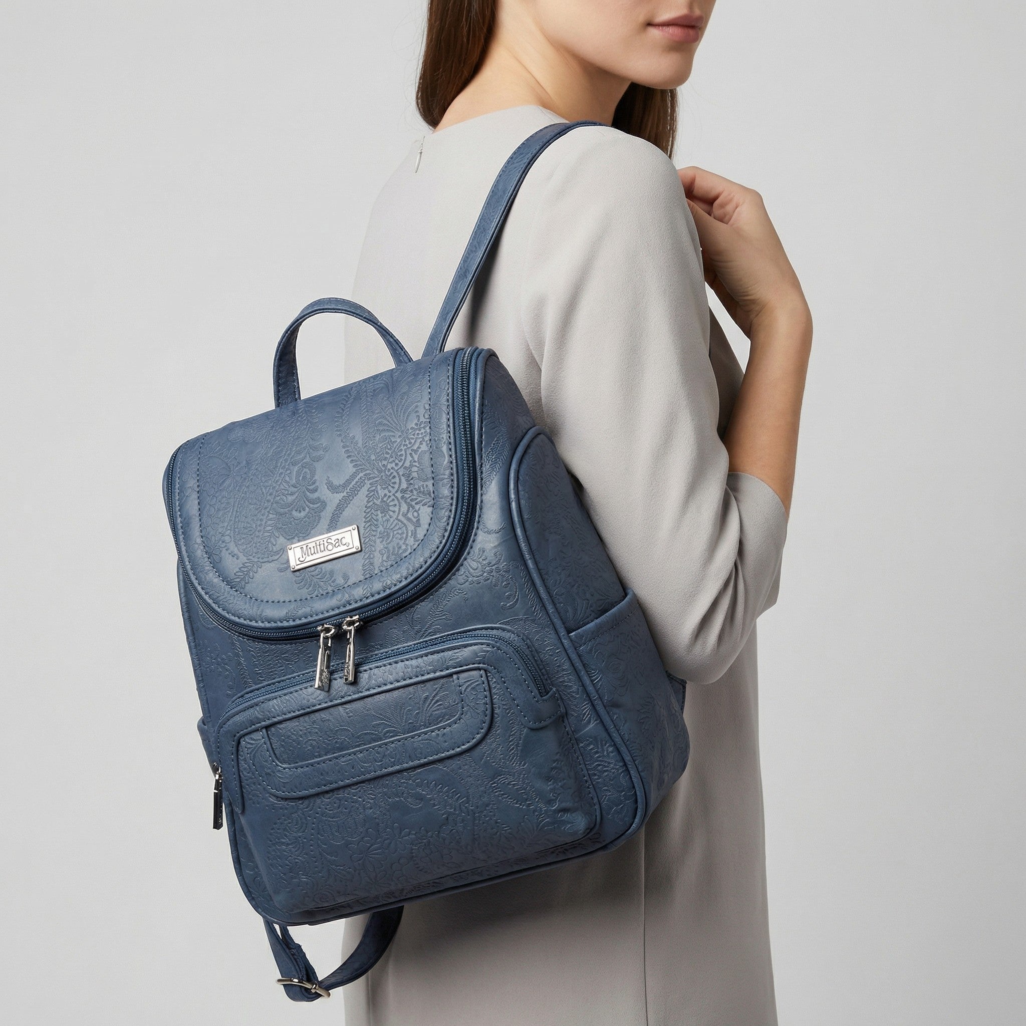 Mochila MultiSac Azul con Relieve Floral – Backpack 100% Original